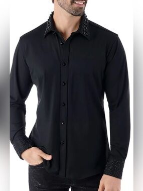 Men's Black Embellished Collar & Cuff Dress Shirt